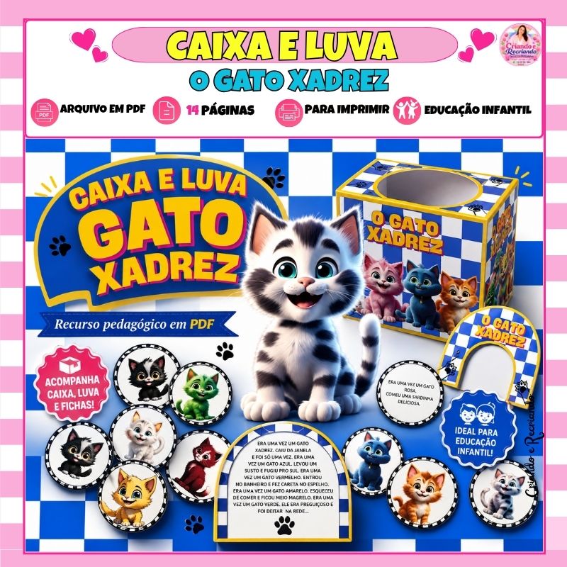 Gato Xadrez – caixa e luva com fichas coloridas para contação de histórias (PDF)